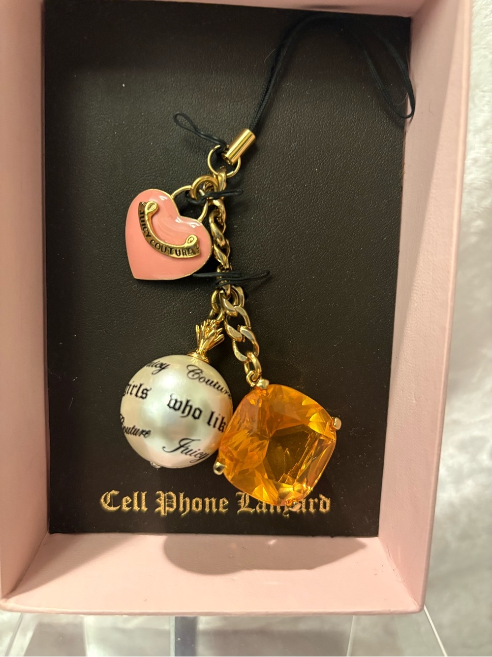 Juicy Couture Enamel Heart Pearl Gem Cell Phone Lanyard Bag Charm in box